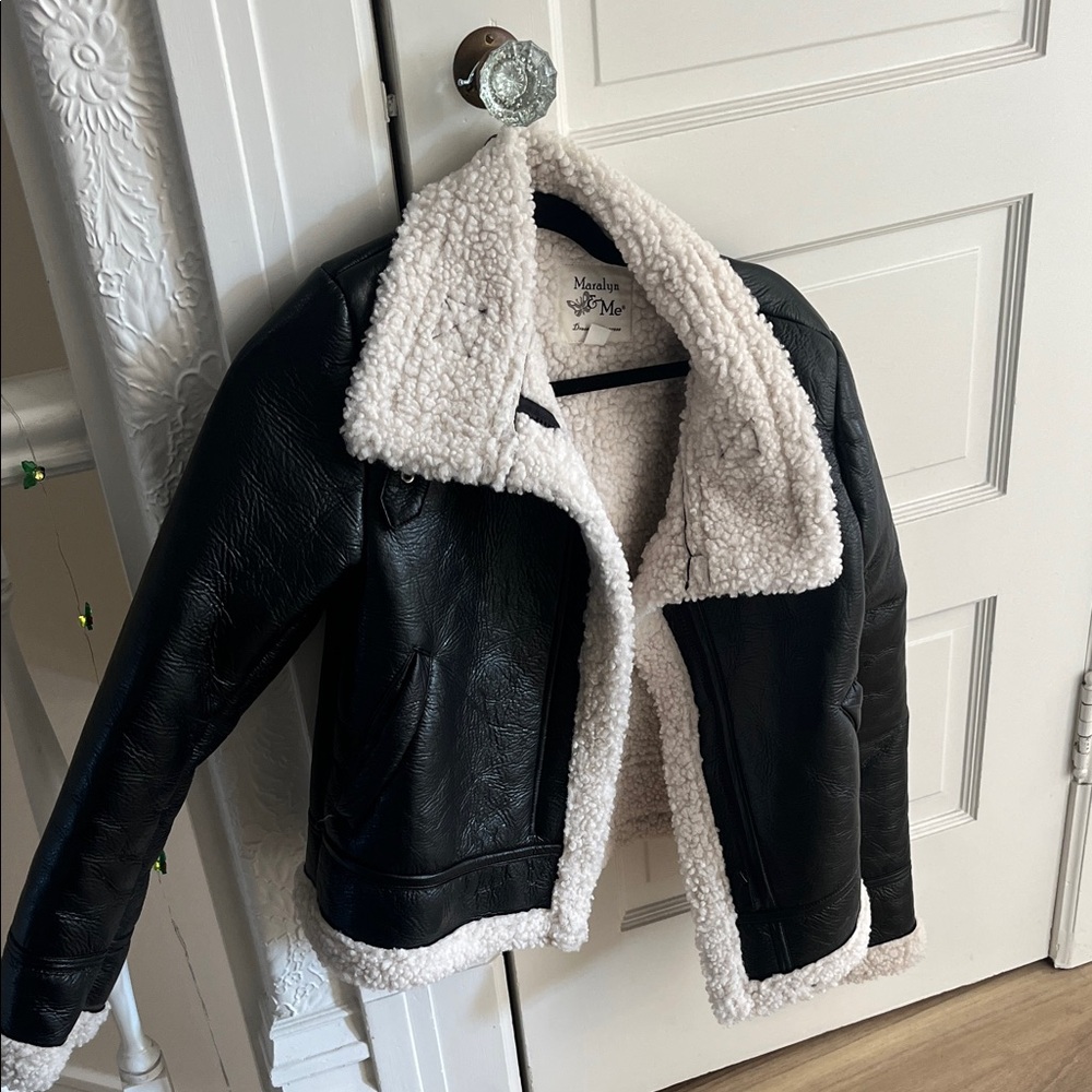 MARINA Black Leather Jacket with Cream Shearling